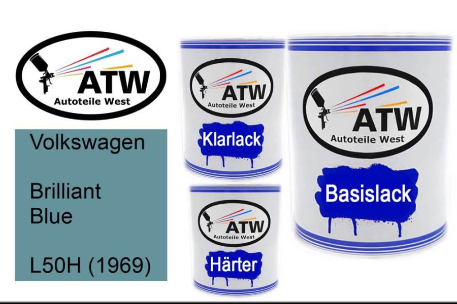 Volkswagen, Brilliant Blue, L50H (1969): 1L Lackdose + 1L Klarlack + 500ml Härter - Set, von ATW Autoteile West.